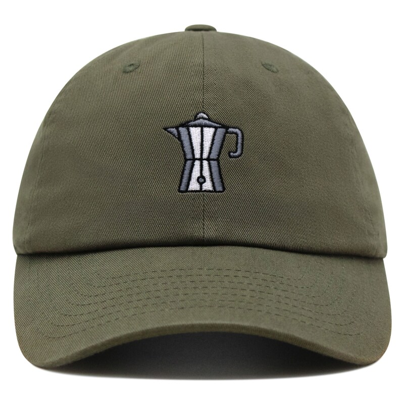 May include: A green baseball cap with an embroidered image of a coffee pot.