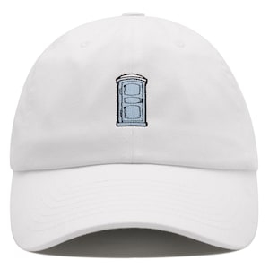 May include: White baseball cap with an embroidered image of a blue portable toilet.
