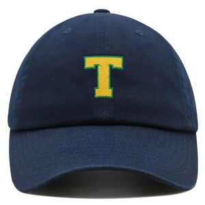 Gorra de béisbol de algodón bordada con letra inicial T universitaria, premium, color amarillo