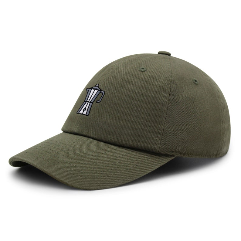 May include: A green baseball cap with an embroidered image of a coffee pot.