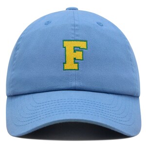 Gorra de béisbol de algodón bordada premium con letra F inicial universitaria, alfabeto amarillo