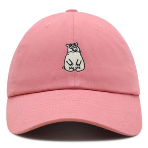 May include: A pink baseball cap with an embroidered white polar bear wearing glasses.