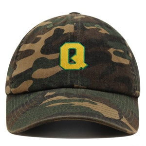 Gorra de béisbol de algodón bordada con la letra Q inicial de la universidad, de primera calidad, con alfabeto amarillo