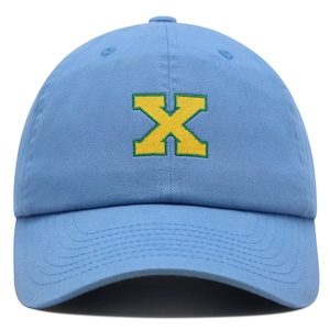 Gorra de béisbol de algodón bordada con la letra inicial X de la universidad, de primera calidad, con alfabeto amarillo