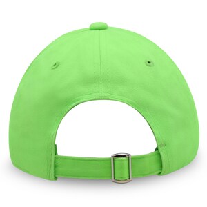 May include: A solid neon green baseball cap, viewed from the back. The cap features a curved brim, a fabric strap with a metal buckle for adjustment, and a small button on top. The hat is made of a smooth, durable fabric.