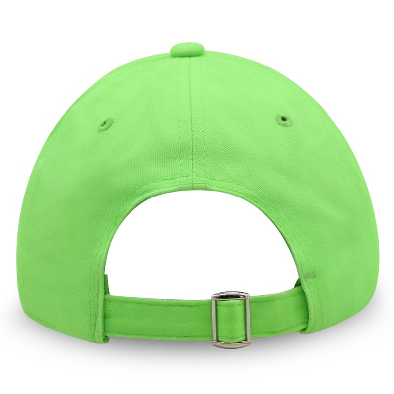 May include: A solid neon green baseball cap, viewed from the back. The cap features a curved brim, a fabric strap with a metal buckle for adjustment, and a small button on top. The hat is made of a smooth, durable fabric.