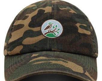 Embroidered Bird on Branch Dad Hat - Cotton Baseball Cap