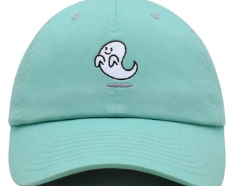 May include: A light green baseball cap with a white embroidered ghost design. The ghost has a smiling face and is floating in the air.