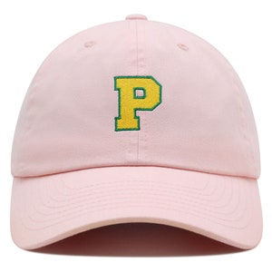 Gorra de béisbol de algodón bordada con la letra P inicial de la universidad, de primera calidad, con alfabeto amarillo