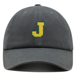 Gorra de béisbol de algodón bordada premium con letra J inicial universitaria, alfabeto amarillo