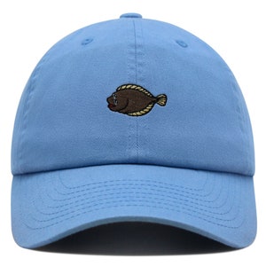 May include: A light blue baseball cap with an embroidered brown fish design.