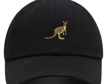 May include: A black baseball cap with an embroidered kangaroo design in brown and gold.