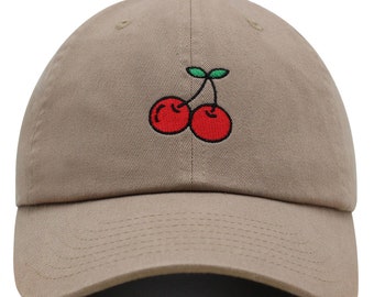 May include: A khaki baseball cap with an embroidered design of two red cherries with green stems and leaves.