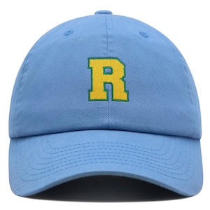 Gorra de béisbol de algodón bordada con la letra inicial R de la universidad, de primera calidad, con alfabeto amarillo
