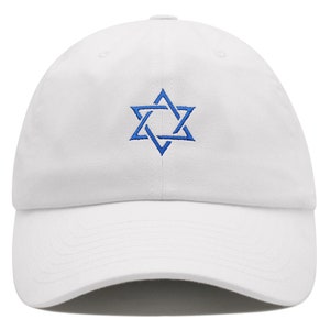 May include: White baseball cap with a blue embroidered Star of David.
