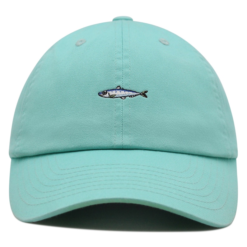 May include: A light teal baseball cap with a small embroidered fish design. The fish is detailed with blue, silver, and black thread. The cap has a curved brim and a fabric strap closure.