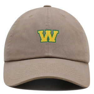 Gorra de béisbol de algodón bordada con la letra inicial W de la universidad, de primera calidad, con alfabeto amarillo