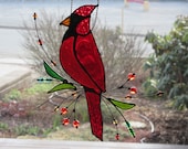 Stained Glass Bird, Sun Catcher, Red Cardinal, Beaded, Sitting on a Branch, Glass art, Mother 39 s Day Gift, Present, Made in Canada