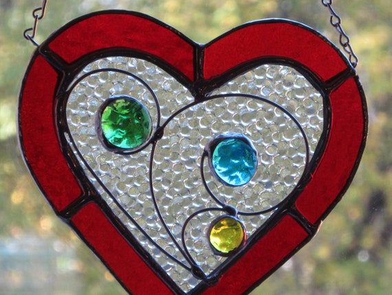 Stained Glass Heart Suncatcher, Red and Clear, Valentines Day Gift