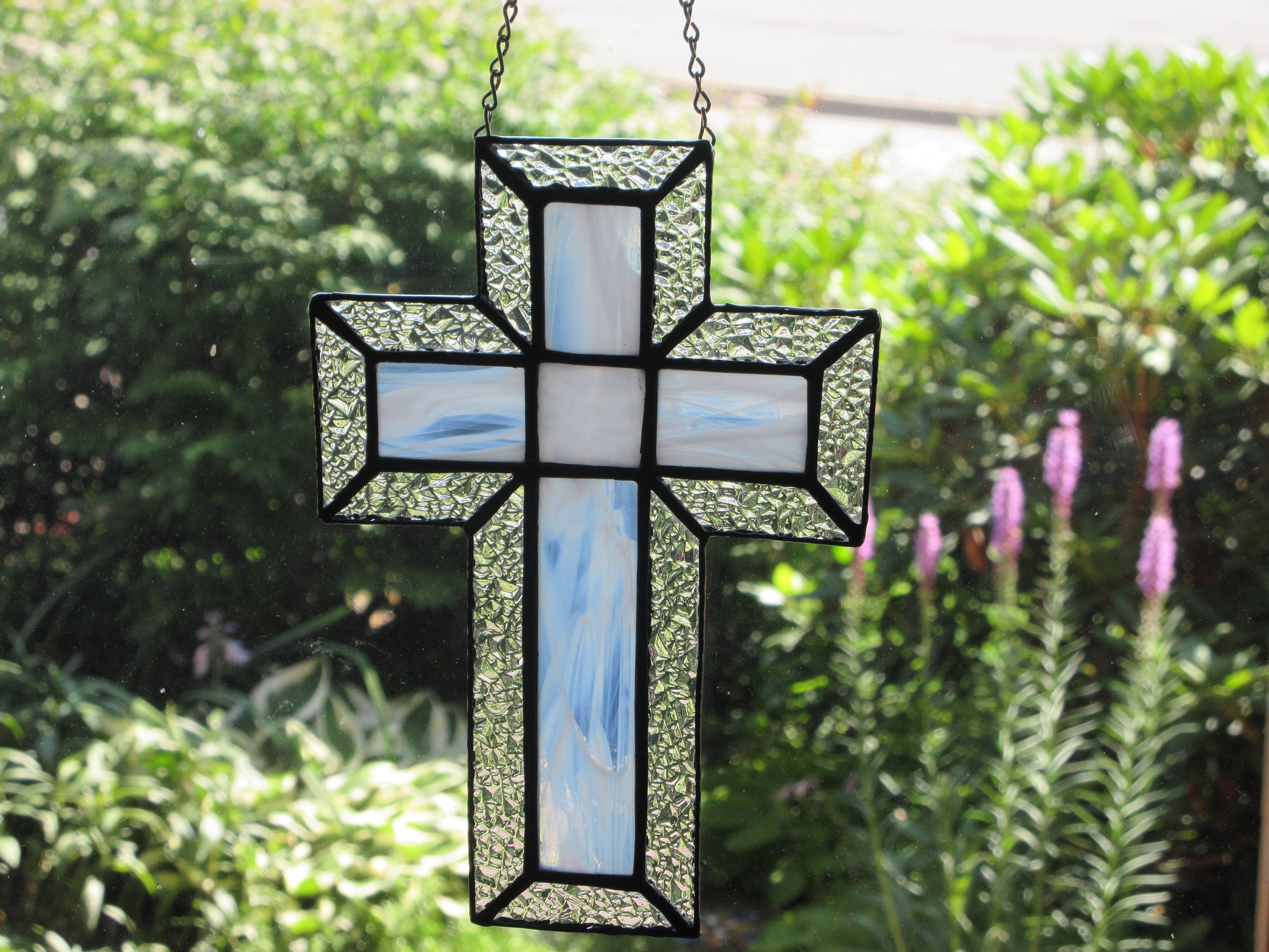 Stained Glass Cross White Sun Catcher Glass Art Birth of a Etsy