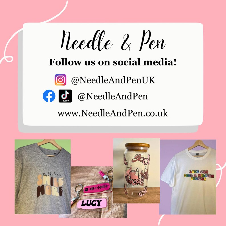 May include: A collage of images featuring various products from the Needle & Pen shop. The images include a gray t-shirt with the text "talk less smile more", a clear glass jar with a brown lid and a colorful design, a white t-shirt with the text "Love can tell a million stories", and a pink keychain with the text "LUCY". The text "Needle & Pen" is displayed at the top of the image, along with social media handles and a website address.