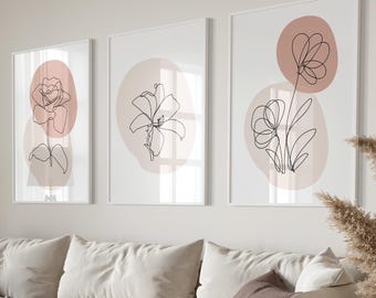 Blush Line Art Flower Prints - Minimalist Pink and Beige Wall Decor
