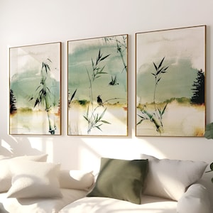 Aquarelle paysage, impression d'art mural abstrait, art Japandi, art mural vert, estampes murales japonaises, estampes nature, art mural paysage, vert
