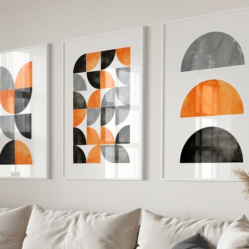 Set of 2 Black and Orange Abstract Wall Art Geometric Etsy