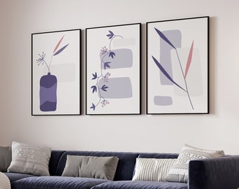 Schlafzimmer Wanddrucke, Botanische Wanddrucke, Lila Wanddrucke, Lila abstrakte Kunst, Botanische Wandkunst, Lila Wohnkultur, 3er-Set Drucke