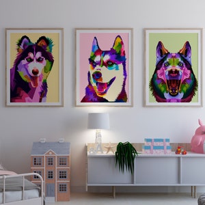 Colorful Husky Dog Wall Art Set – Pop Art Husky Prints – Vibrant Siberian Husky Posters for Dog Lovers – Modern Pet Decor