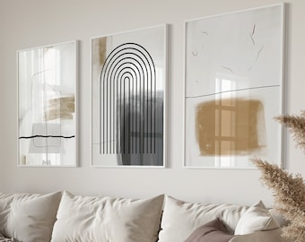 Neutral Abstract Wall Art Set: Minimal Geometric Prints in Beige and Black