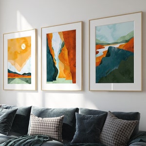 Watercolour Landscape Wall Art Prints, Nature Painting Art, Scandinavian Wall Art, Set of 3 Prints, Blue, Rust, Green, Orange, Boho Home