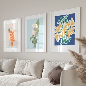 Set Of 3 Flower Market Prints, Boho Flower Art, Bedroom Wall Décor, Living Room Print, Vintage Exhibition Mid Century Modern Art Prints