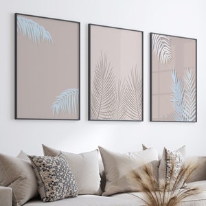 Botanical Wall Art Prints, Tropical Leaves Wall Prints, Beige & Blue Wall Art, Tropical Plants,  Abstract Art, Set of 3 Prints, Boho Prints