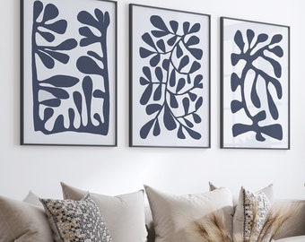 Navy Blue and Grey Abstract Set of 3, Matisse Wall Art, Boho Navy Printable Art, Neutral Wall Prints, Mid Century Posters, Modern Home Decor