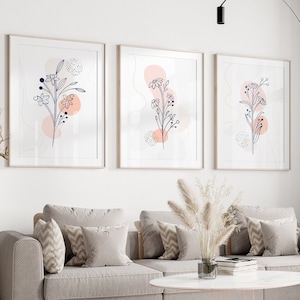 Neutral Wall Prints, Botanical Wall Prints, Plant Wall Art, Botanical Line Art, Pink Home Decor, Hand Drawn Plants, Set of 3 Prints