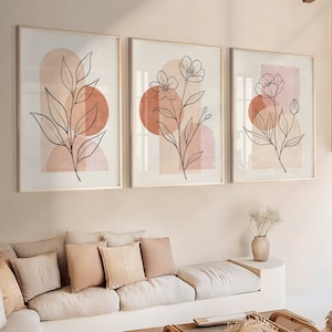Blush Flowers Wall Art, Botanical Wall Prints, Abstract Line Floral Art, Boho Wall Prints,Boho Wall Decor, Beige Wall Prints,Set of 3 Prints