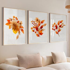 Autumn Botanical Wall Art Set – Watercolor Fall Floral Prints | Orange Leaves & Flowers Posters for Cozy Seasonal Home Decor