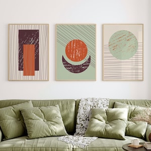 Set of 3 Mid Century Wall Prints, Modern Geometric Wall Art, Sage Green Wall Prints, Beige and Green Wall Decor, Boho Prints, Abstract Art