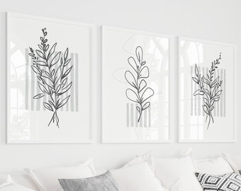 Botanical Wall Prints, Botanical Line Art, Grey Wall Prints, Hand Drawn Plants, Grey Bedroom Prints, Minimalist Art, Set of 3 Wall Prints