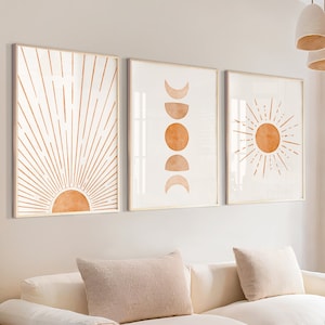 Terracotta Sun Moon Abstract Wall Art Print Set | Modern Celestial Decor | Neutral Contemporary Boho Artwork for Living Room Interior