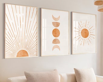 Terracotta Sun Moon Abstract Wall Art Print Set | Modern Celestial Decor | Neutral Contemporary Boho Artwork for Living Room Interior