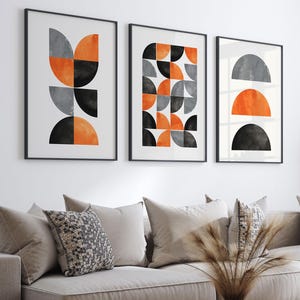 Mid Century Wall Prints, Modern Geometric Wall Art, Orange and Black Wall Prints, Orange Wall Decor, Boho Prints, Set of 3 Prints,Orange Art