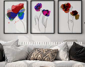 Eviepops Prints Set of 3 Unframed Abstract Flower Line Art Prints ...