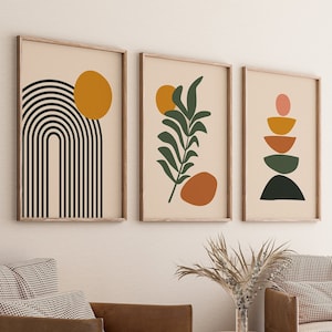Boho Abstrakte Wand Kunst Drucke, Boho Wand Dekor, 3er Set Drucke, Scandi Art, Mid Century Drucke, Schwarz, Beige, Grün, Senf, Boho Wandkunst