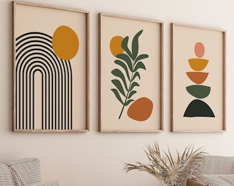 Stampe artistiche da parete Boho Abstract, decorazioni da parete Boho, set di 3 stampe, arte scandinava, stampe di metà secolo, nero, beige, verde, senape, arte da parete Boho