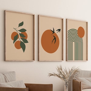 Boho Abstract Wall Art Prints, Boho Wall Decor, Set of 3 Prints, Scandi Art, Mid Century Wall Prints, Green, Beige, Terracotta,Boho Wall Art