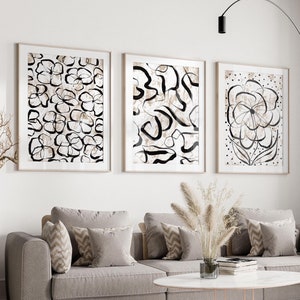 Neutral Abstract Floral Wall Art Set of 3 – Beige & Black Brush-Stroke Botanical Prints, Abstract Floral Art, Minimalist Line Art Boho Decor
