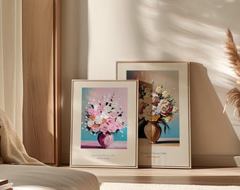 抽象的な花柄ウォールアート2点セット、モダンなブーケプリント、パステルカラーの現代的なリビングルーム/寝室の装飾