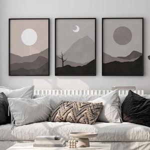 Neutral Grey Mountain Landscape Wall Art Set of 3 – Minimalist Scandinavian Boho Prints with Sun & Moon, Modern Neutral Home Décor